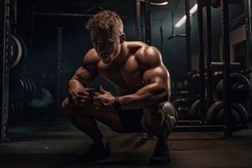 Fototapeta na wymiar Muscular athlete focused on intense squatting in gym., generative IA