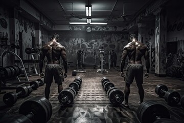 Energetic scene in the gym: bodybuilders training with assorted equipment., generative IA