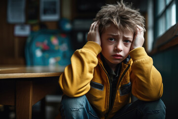 Sad autistic stressed kid covered his ears. Tired boy want to block out overwhelming or unpleasant sensory input. Oversensitive child sitting alone - obrazy, fototapety, plakaty