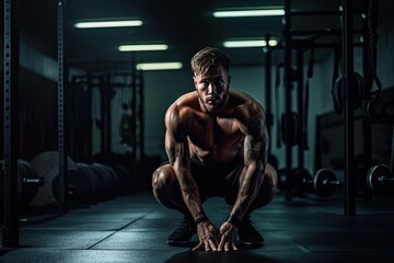 Fototapeta na wymiar Muscular athlete focused on intense squatting in gym., generative IA