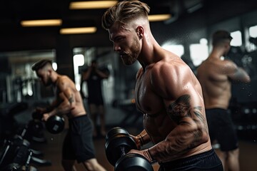 Fototapeta na wymiar Gym-focused bodybuilder lifting dumbbells., generative IA