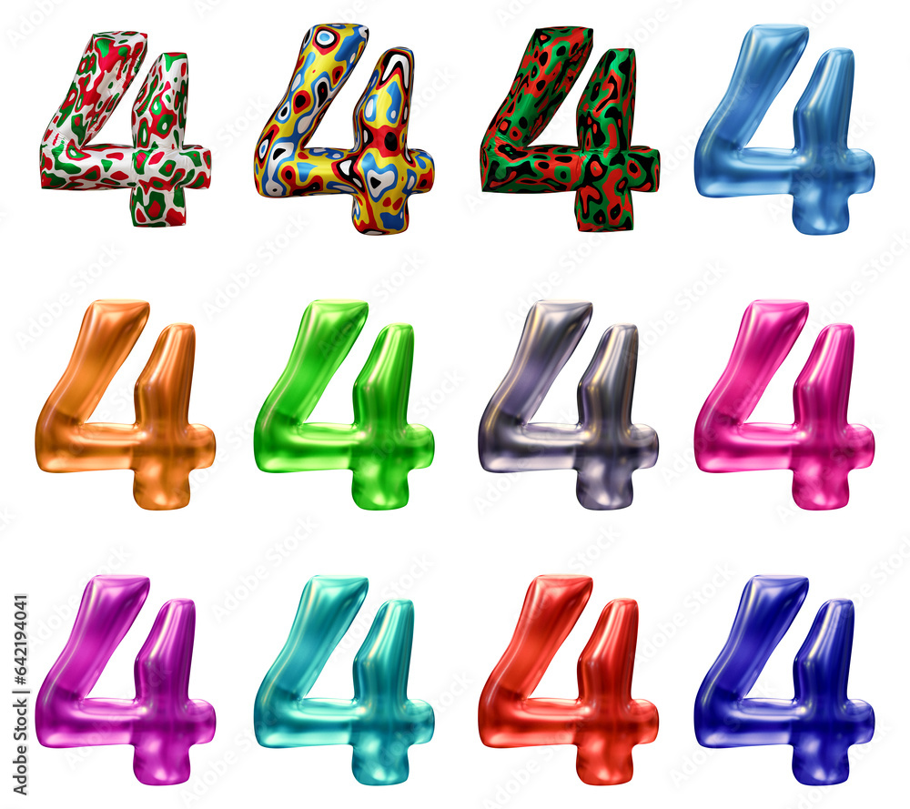 Poster set of number 4 in 3d rendering isolated on transparent background for math, business and education 