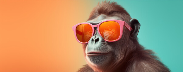 Fancy ape or gorilla with sunglasses,  printable design for t-shirts. Fanny ape copy space for text. banner - obrazy, fototapety, plakaty