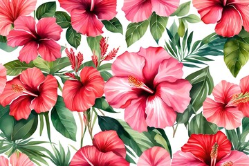 Watercolor set of illustrations, pink and red hibiscus flowers, tropical invitation, green leaves, invitation flower card 