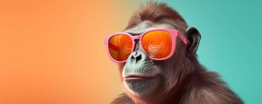Fancy ape or gorilla with sunglasses,  printable design for t-shirts. Fanny ape copy space for text. banner