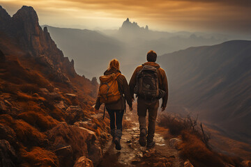 Couple of hikers with backpacks standing on a trail in the mountains