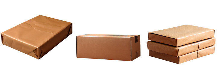 Universal black packaging made of rectangular brown cardboard that can be safely opened from the side for securely wrapping and sending goods transparent background