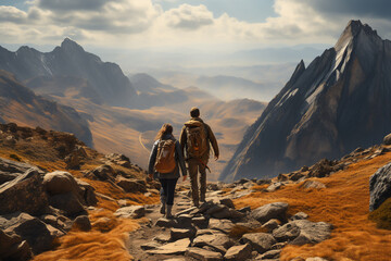 Couple of hikers with backpacks standing on a trail in the mountains