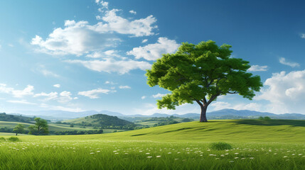 3D rendering scene featuring a lush green tree standing tall in a picturesque countryside field.