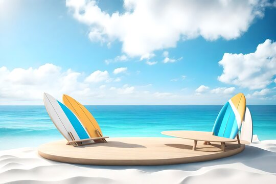 summer background 3d product display platform scene with surfboard platform. sky cloud summer background vector 3d render on the ocean display. podium on sand beach cosmetic product display stand 