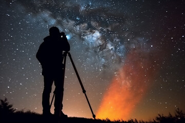 Fototapeta premium Silhouette of photographer with camera against starry night sky