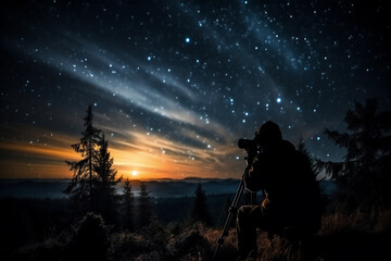 Fototapeta premium Silhouette of photographer with camera against starry night sky