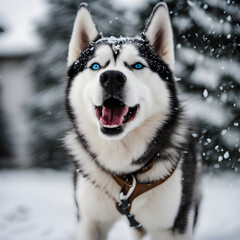 A Husky with blue eyes playing in the snow