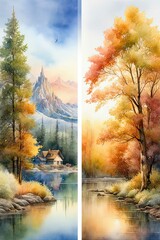 summer and winter landscape painting