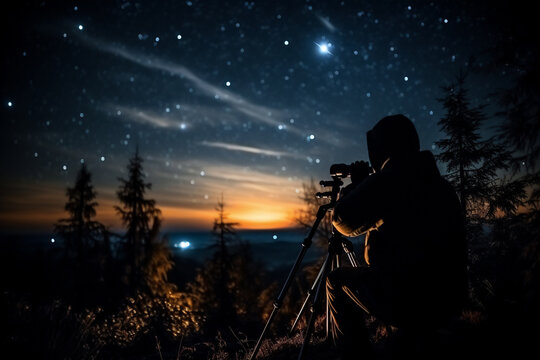 Silhouette of photographer with telescope at night sky background