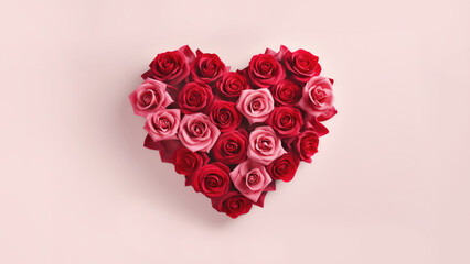 Valentines Day Heart Made of Red Roses on pink Background, generative ai