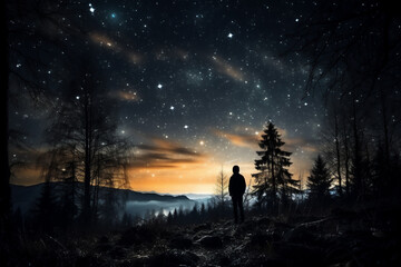 Naklejka na ściany i meble Man standing on a rock in the forest and looking at the starry sky