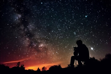 Silhouette of a man sitting on the edge of a forest and looking at the starry sky