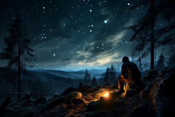 Silhouette of a man sitting on the edge of a forest and looking at the starry sky