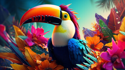 3D rendering of a tropical toucan bird in colorful digital art style. - obrazy, fototapety, plakaty