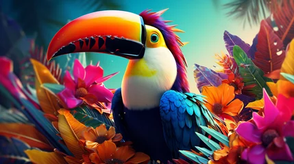 Foto op Aluminium 3D rendering of a tropical toucan bird in colorful digital art style. © Ahtesham