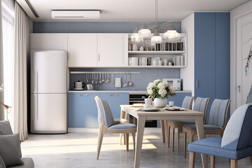 Interior of modern kitchen with blue walls, concrete floor, white cupboards and dining table with blue chairs. 3d rendering.