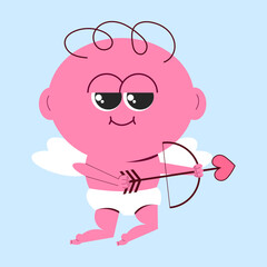 Cute cupid character. Mascot angel in flat style. Vector illustration. Cupid with arrow and bow.