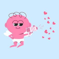 Cute cupid character. Angel mascot in flat style. Vector illustration. Cupid with a toy gun shoots hearts.