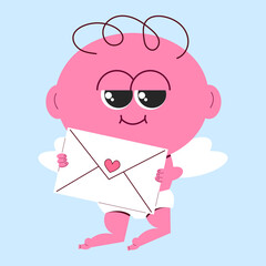 Cute cupid character. Angel mascot in flat style. Vector illustration. Cupid with a love letter.