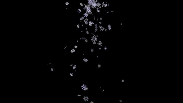 Animated snow flakes falling from the sky in slow motion, illustration-style, 4k 24p with alpha channel for transparent background
