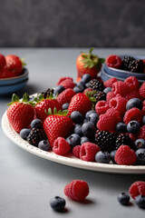 Plate Full of Delicious Strawberries, Blueberries, Raspberries, Blackberries, Generative AI