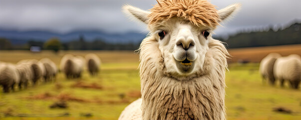 Obraz premium Alpaca portrait with brown hairs.