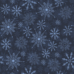Christmas, New Year seamless pattern, snowflakes line illustration. Vector icons of winter holidays, cold season snowfall. 