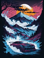 t-shirt design, illustration, drift car, mountains, dramatic scene, anime 