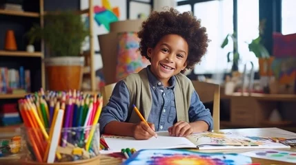 Fotobehang young African-American artist, an enthusiastic little boy, sits on a table and immerses himself in creating a colorful masterpiece on a book using markers. © pvl0707