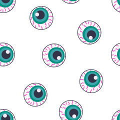 Human eyeballs Halloween seamless pattern. Flat cartoon zombie eye balls with blood vessel and green iris. Vector illustration isolated on white background