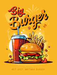 A vector logo design for a fast-food restaurant, Hamburger, soft drink and Fries