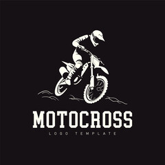 A minimalist logo features a motocross rider, black and white vector illustration