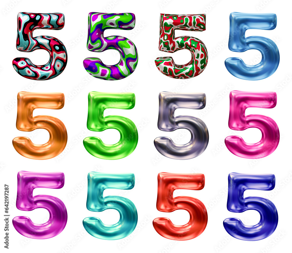 Poster set of number 5 in 3d rendering isolated on transparent background for math, business and education 