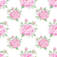 Watercolor seamless pattern peony, rose hand-drawn in botanical style for use in textile, wedding packaging, holiday and nature design invitation. Daisy flower for decorating cards, wallpaper, fabric
