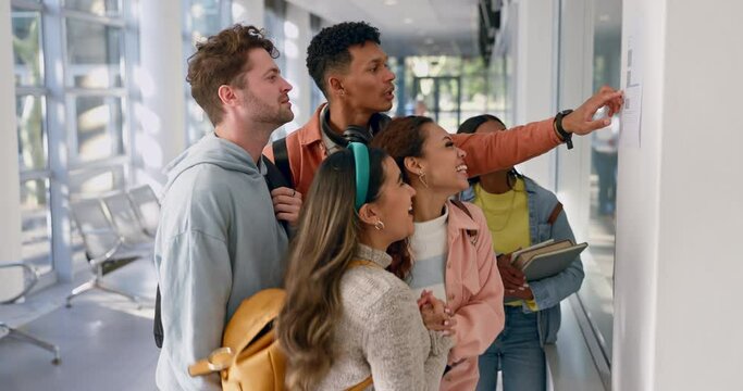 Exam results, success and university students high five at campus hallway. Excited group pass test in college, goal achievement and people celebrate winner of scholarship offer, good news or victory