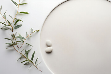Calm Serenity: Eucalyptus Twig and Smooth Pebbles on a Circle - Tranquil Botanical Backdrop - obrazy, fototapety, plakaty