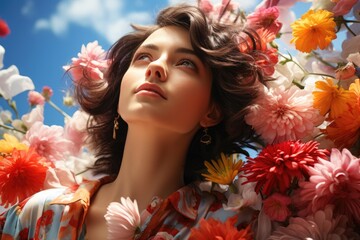 Floral Dreams in Full Bloom: A Vision of Colorful Flowers Dancing Beneath a Blue Sky and Drifting White Clouds