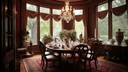 Fototapeta na wymiar Interior design inspiration of Traditional Classic style home dining room loveliness decorated with Mahogany and Silk material and Bay Window .Generative AI home interior design .