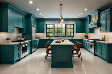 Luxury modern and vintage turquoise interior. Marble kitchen island with wooden chockers.