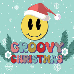 Retro Groovy Hippie Christmas hand drawn greeting card clipart composition, modern 60s 70s retro card, poster, banner design. Vector illustration