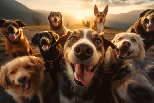 A group of dogs taking a selfie on a blurred background. Generative AI