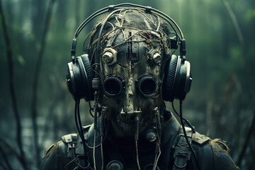 Man in futuristic gas mask, concept of post apocalypse and apocalyptic - obrazy, fototapety, plakaty