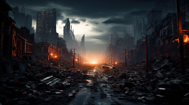Post apocalypse, apocalyptic view of dark destroyed city after war