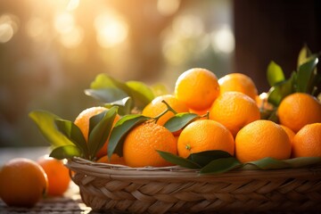 fresh oranges on a fruit basket under bright light